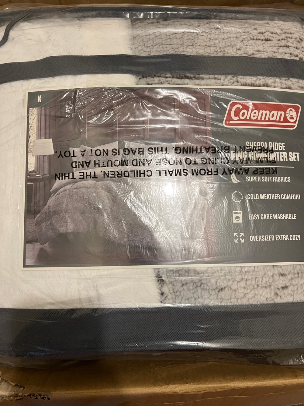 Coleman Sherpa Throw Blanket in Brown Cream and Gray still in bag wrapped up